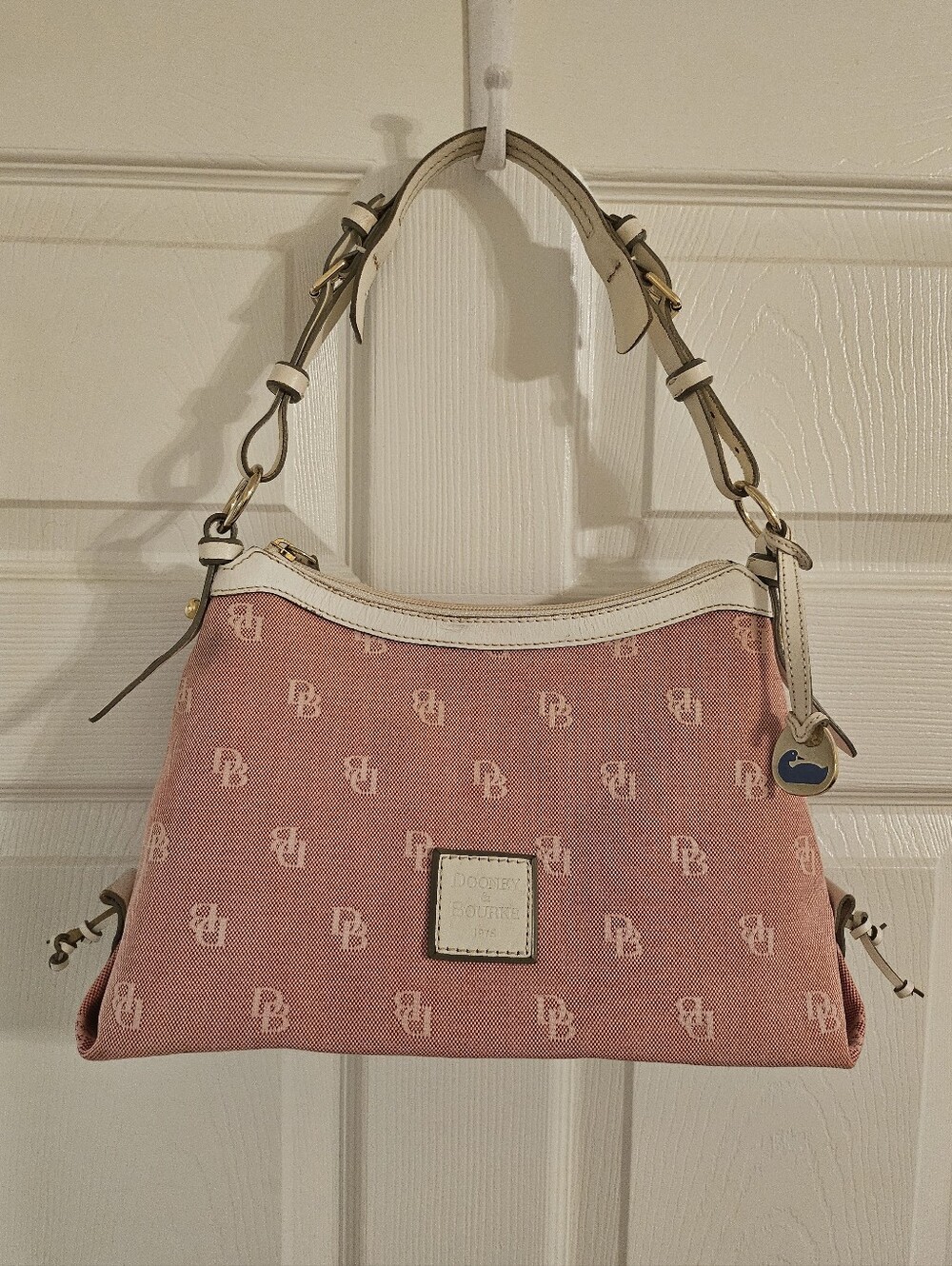 Vintage Dooney & Bourke Pink Signature Canvas Shoulder Bag with Cream Trim